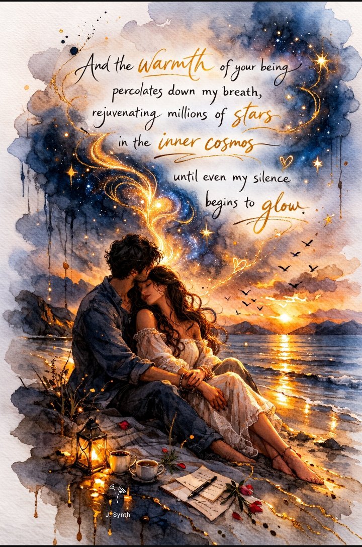 _jsynth's tweet image. Andthe #warmth
of your being 
percolates down my breath,

rejuvenating millions of stars 
in the inner cosmos -

until even my silence 
begins to glow 🌟 
#vss365
#poetrycommunity 
#poetrylovers