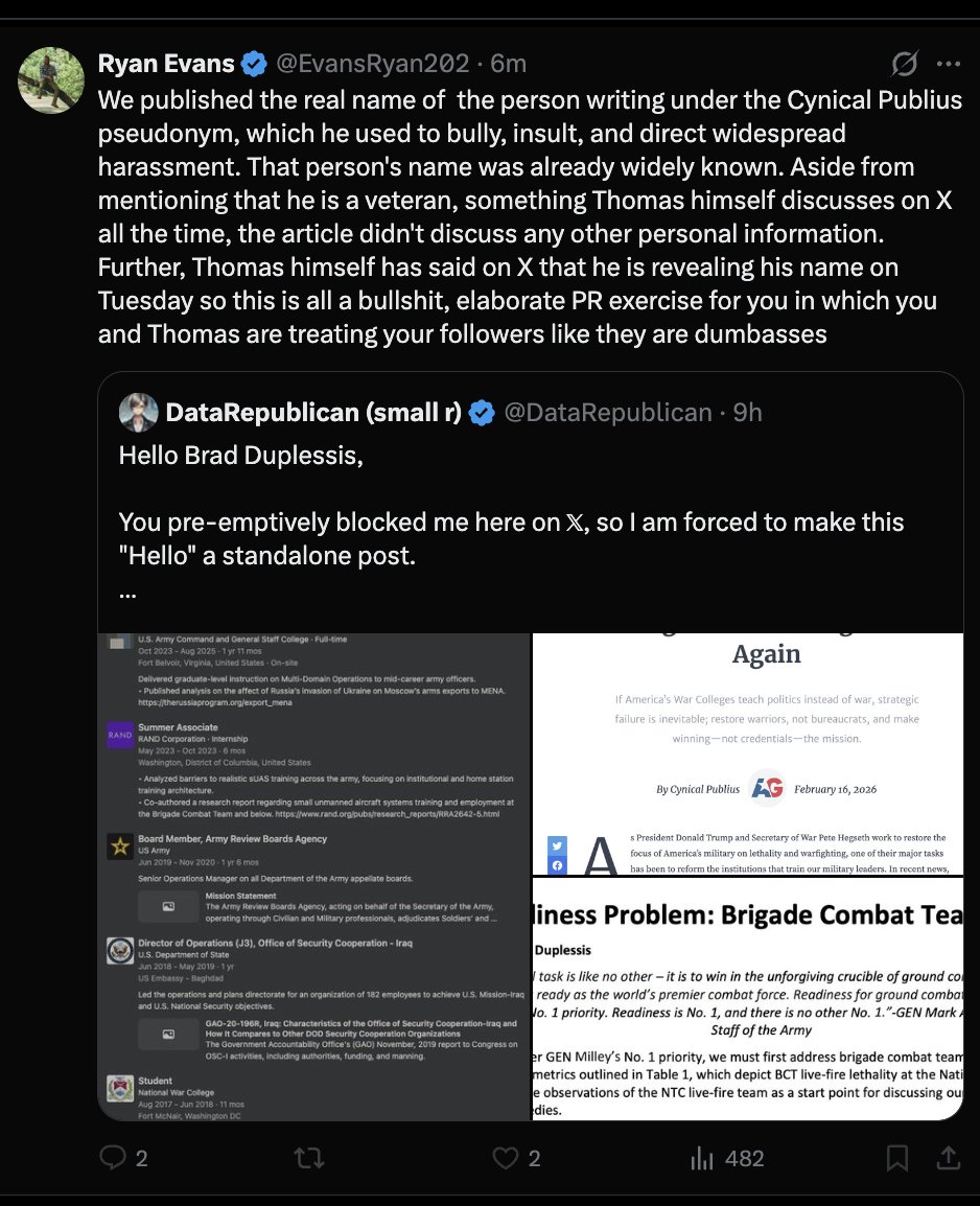 Ryan Evans, while still having blocked me, quote-posts me and defends his publication's doxxing of <a href="/CynicalPublius/">Cynical Publius</a> . 

More coming.