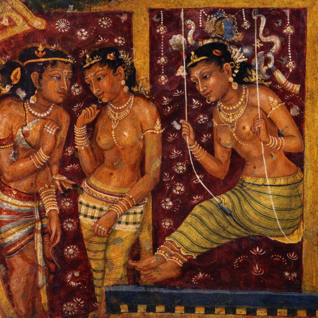GemsOfINDOLOGY's tweet photo. Ajanta, 5th century CE.

Three women.
A swing.
No gods. No sermons.

Just leisure. Just intimacy. Just civilisation at ease.

For decades we were told ancient India was grim, ascetic, oppressive.
Yet here — painted in mineral pigment on cave walls — are elite women in silk, pearls, conversation.

Look carefully.

The body is not hidden.
It is not shamed.
It is not policed.

It is adorned. Balanced. Composed.

The woman on the swing does not seek permission.
She occupies space. She commands it.

This is Vākāṭaka-era sophistication.
Court culture. Seasonal festivity. Śṛṅgāra as philosophy — not scandal.

Where is the “repressed society” narrative here?

No male gaze dominates the frame.
No moral anxiety distorts the body.
No apology.

Only ease.

The background is deep red — interior, refined, intimate.
Pearls glow against warm skin tones.
Line creates volume without violence.

Ajanta was not primitive ritual art.
It was psychological realism.
It was urban aesthetic theory in pigment form. 🎨

And ask yourself —

Why did colonial textbooks reduce this civilisation to superstition and widow-burning clichés?
Why were palace murals flattened into “religious cave art”?

Because leisure contradicts the poverty myth.
Because confident femininity contradicts the oppression trope.
Because evidence unsettles narrative.

These women are not marginal.
They are central.

A swing in a cave is not decoration.
It is proof of cultural surplus.

When a civilisation paints joy at monumental scale, it is not insecure.

It knows itself. 🌺

We were trained to see darkness.
The walls still glow.

Uncrop the mural.
Uncrop the truth. 🔥

#UncropTheTruth
#Decolonisation
Ai restoration applied.