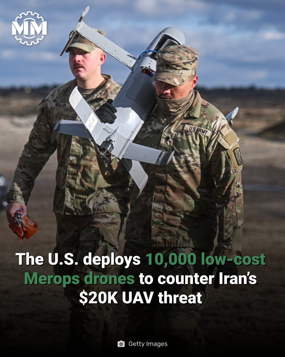 MilitaryMechs's tweet image. The US deployed 10,000 Merops interceptor drones across the Middle East to counter Iran’s low-cost UAVs, reducing reliance on expensive Patriot missiles and shifting the cost balance.

#Military #DefenseTech #DroneWarfare  #USMilitary #UAV #AirDefense #MilitaryTechnology