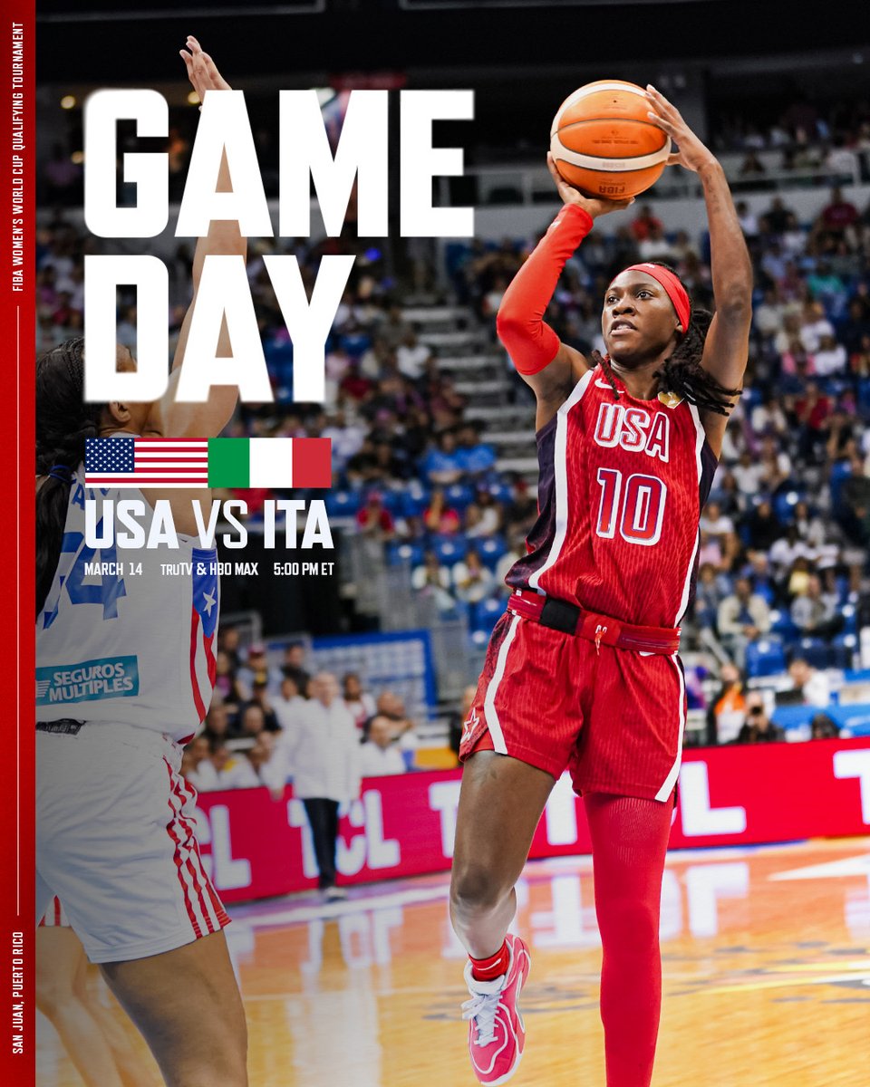 usabasketball's tweet photo. Back To Ballin 👊

🇺🇸 #USABWNT vs 🇮🇹 Italy

5 pm ET/2 pm PT
📍 Coliseo de Puerto Rico

📺 truTV &amp; HBO Max
#FIBAWWC https://t.co/R8qRpcwDrV
