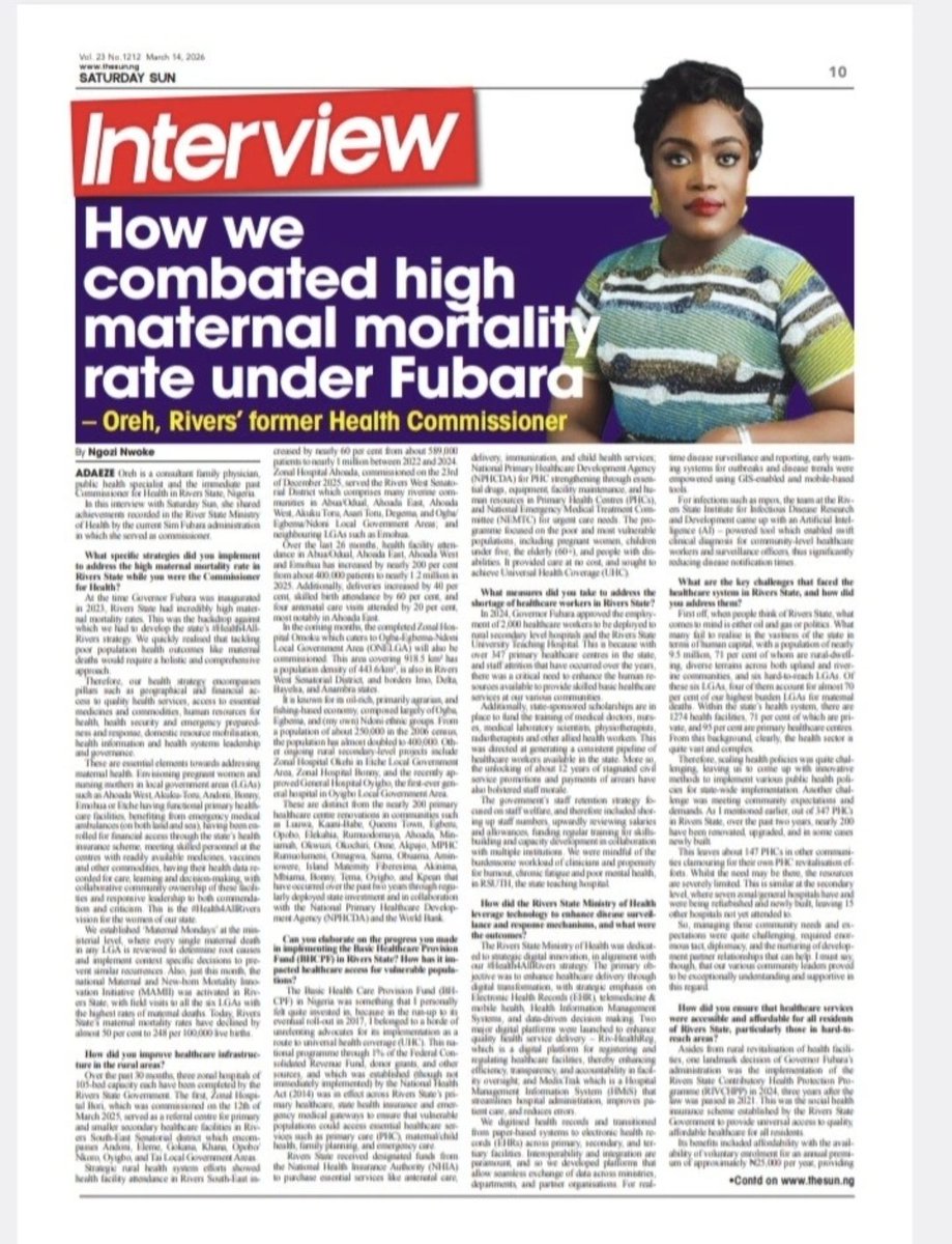 Adaeze_Oreh's tweet photo. Deep appreciation to @TheSun for this weekend feature on our work tackling maternal deaths in Rivers State.

You can read the full interview via the link  below 👇🏾 or on page 10 in the paper edition.

https://t.co/nysbyfCJhW

#AdaezeOreh
#UniversalHealthAdvocate 
#UniversalHealthAdvoc8
#ThePeoplesCommissioner 
#Health4AllRivers 
#RiversState
#RiversFirst
#LeaveNoOneBehind
#BetterHealthForAll
#MotionandMovement