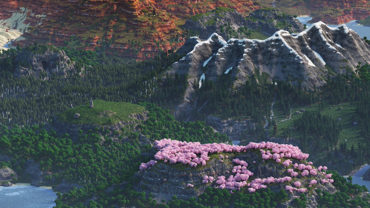 A cherry blossom plateau overlooking the landscape🌸
One of my favorite areas of this map.

#minecraft #worldpainter