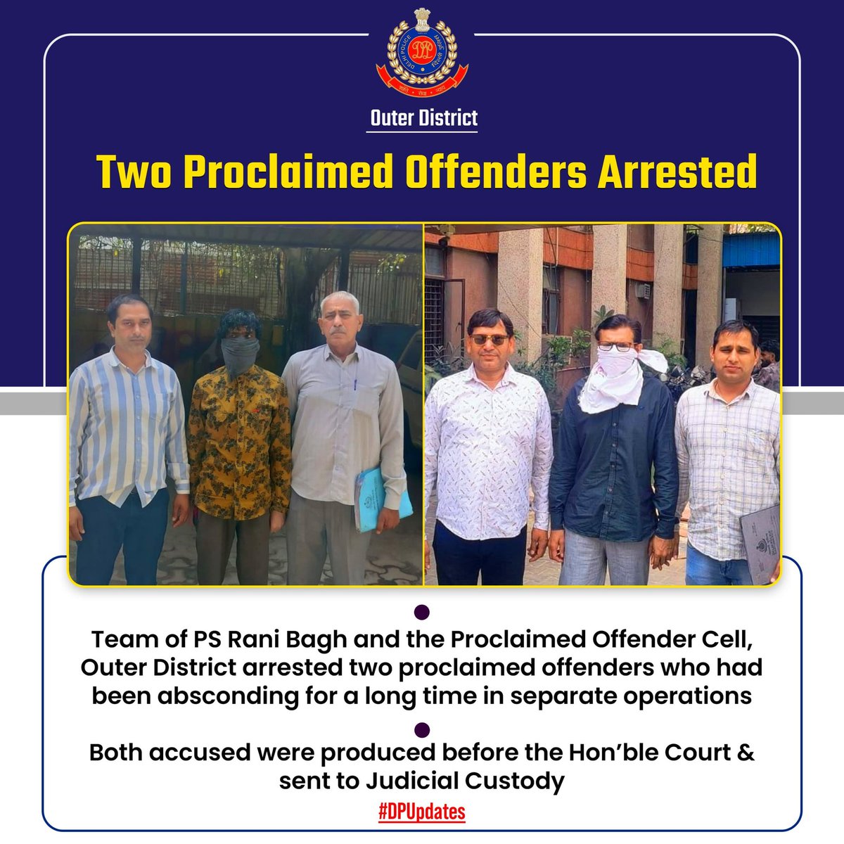 dcpouter's tweet photo. PO Team of PS Rani Bagh and the Proclaimed Offender Cell, Outer District arrested two proclaimed offenders in separate operations.
One accused was wanted in a cheating case of PS Paschim Vihar East, while the other was absconding in a case under Section 138 NI Act of PS Sunlight Colony.
After sustained efforts and acting on specific inputs, police teams successfully traced and apprehended both accused.

थाना रानी बाग की पीओ टीम एवं प्रोक्लेम्ड ऑफेंडर सेल, बाहरी ज़िला द्वारा अलग-अलग अभियानों में दो घोषित अपराधियों (Proclaimed Offenders) को गिरफ्तार किया गया।
एक आरोपी थाना पश्चिम विहार ईस्ट के धोखाधड़ी के मामले में वांछित था, जबकि दूसरा थाना सनलाइट कॉलोनी के धारा 138 एनआई एक्ट के मामले में फरार चल रहा था।
लगातार प्रयासों एवं विशेष सूचनाओं के आधार पर पुलिस टीमों ने दोनों आरोपियों का पता लगाकर उन्हें गिरफ्तार करने में सफलता प्राप्त की।
#DPUpdates
#HelloPoliceStation
#HelloDelhiPolice
@DelhiPolice @the_hindu @HMOIndia @PSRaniBagh @LtGovDelhi