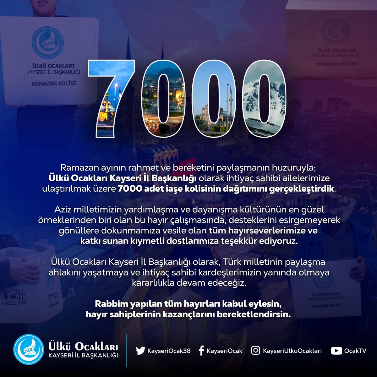 Ramazan ayının rahmet ve bereketini paylaşmanın huzuruyla; Ülkü Ocakları Kayseri İl Başkanlığı olarak ihtiyaç sahibi ailelerimize ulaştırılmak üzere 7000 adet iaşe kolisinin dağıtımını gerçekleştirdik.

Aziz milletimizin yardımlaşma ve dayanışma kültürünün en güzel örneklerinden