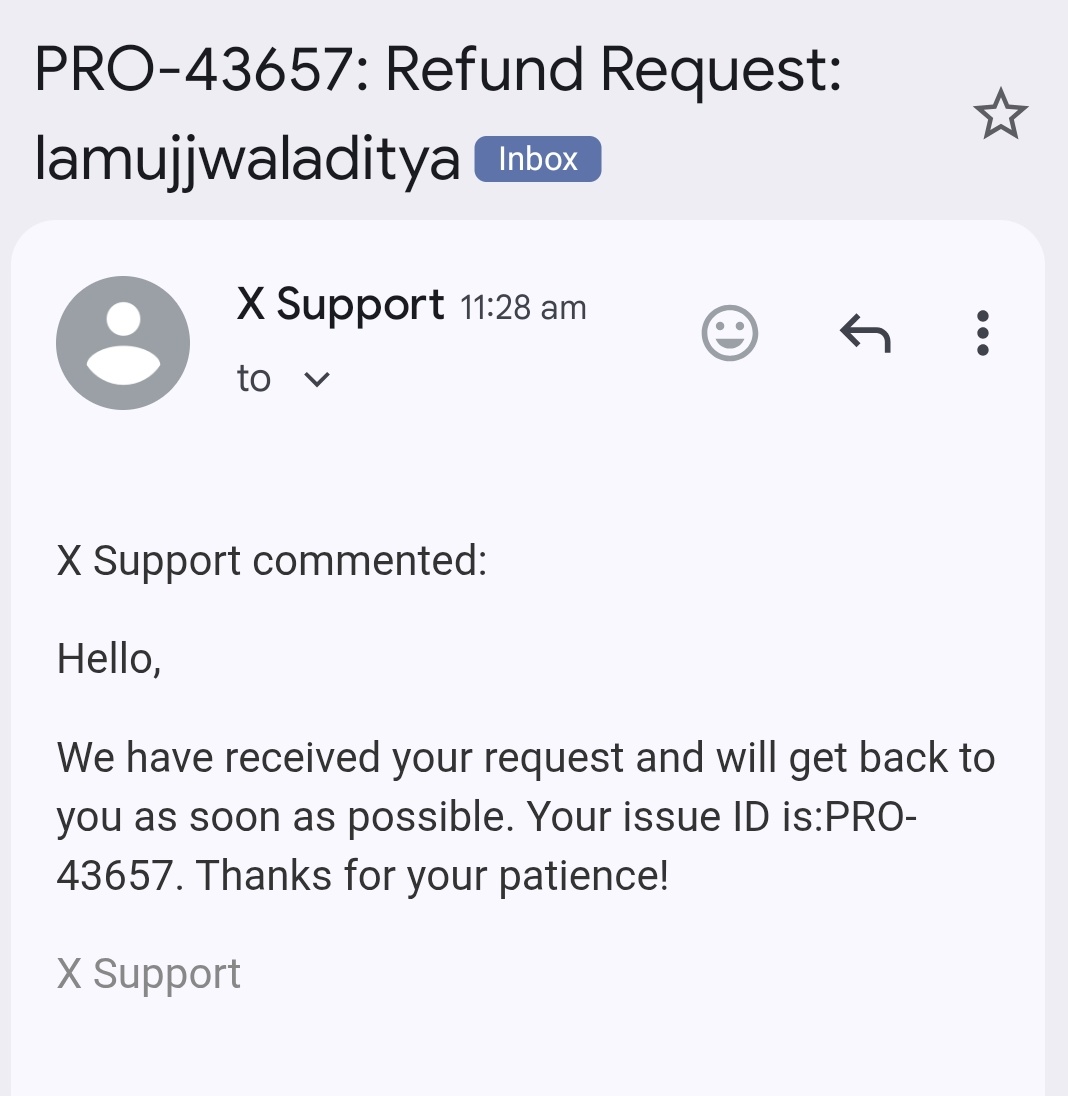 Iamujjwaladitya's tweet photo. Dear @Premium @X @nikitabier @elonmusk accidentally upgraded from X Premium to Premium Plus annual on web today and was charged ₹18,479.43 (invoice 32A40300‑0014) even though I downgraded immediately and am not using Premium+ now.I’m in a serious financial crisis and this one charge is bigger than my monthly income. Email support (ticket PRO‑43657) has said I’m ineligible for a refund, but I genuinely made a mistake and asked for help the same day.Please review my case once more and approve a one‑time refund of the Premium Plus charge. I’m happy to keep my lower‑tier subscription, I just can’t afford this accidental upgrade. 🙏