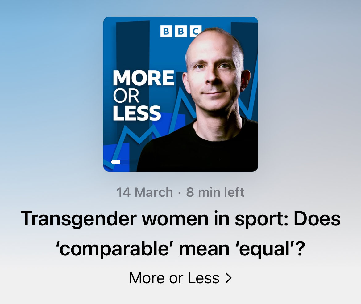 Well knock us down with a feather… the BBC has demolished the claims that men who say they’re women have no sporting advantage over women. 

A ‘review’ paper in the British Journal of Sports Medicine is examined in detail by the More or Less team and found wanting. They