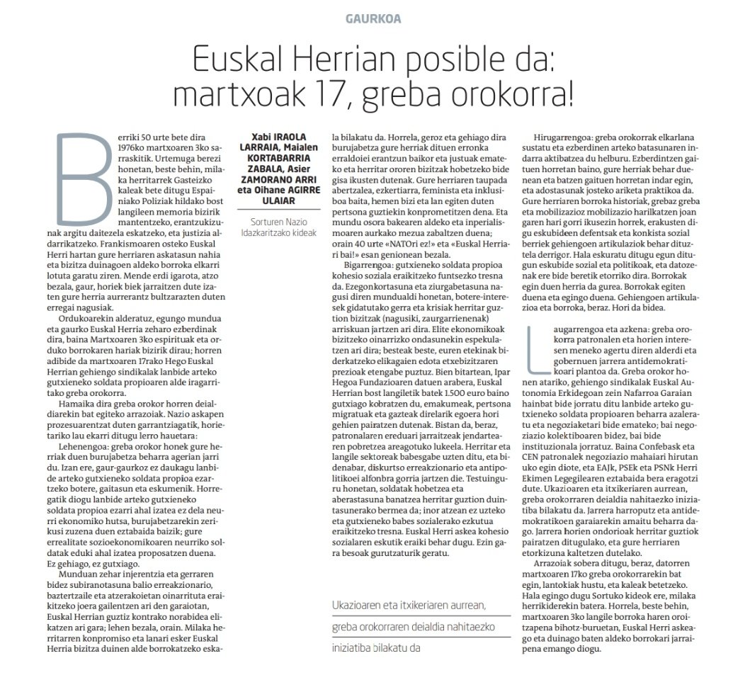 «Milaka herritarren konpromiso eta lanari esker Euskal Herria bizitza duinen alde borrokatzeko eskala bilakatu da».

Euskal Herrian posible da: martxoak 17 greba orokorra!

🔗naiz.eus/eu/iritzia/art…