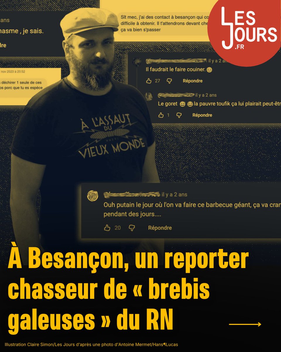 Lesjoursfr's tweet photo. À Besançon, un reporter chasseur de «brebis galeuses» du Rassemblement national 🧵

🔗 https://t.co/zNCyva4u1s https://t.co/OSK9G0jKOn