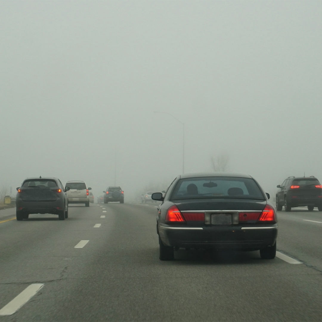 PulieriAgency's tweet photo. Keep your high beams low when it’s foggy. Bright lights bounce off tiny water droplets in the air, reducing visibility. https://t.co/xH8bdGIo0c