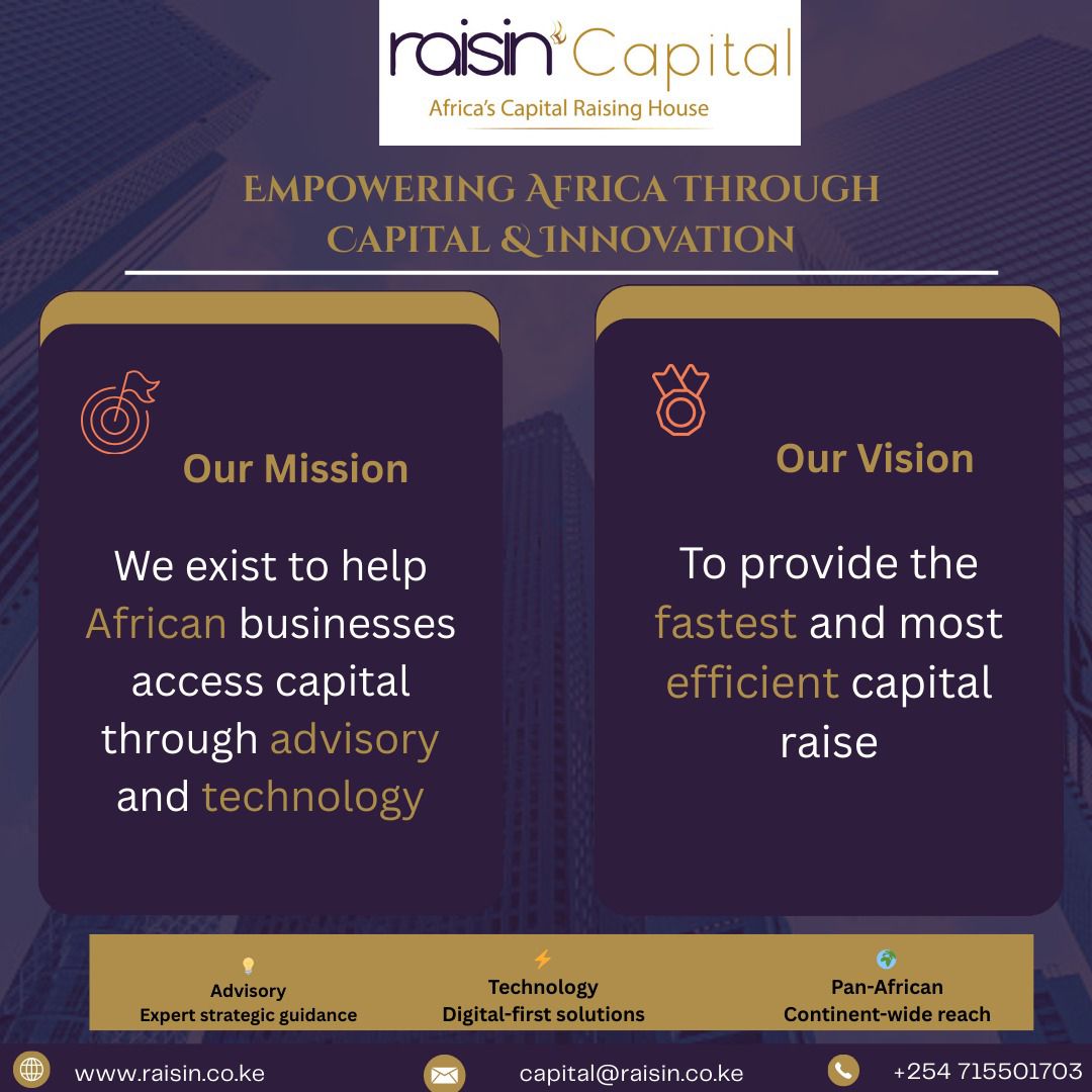 RaisinCapital's tweet photo. At Raisin Capital, our mission is clear:

to help African businesses access capital through advisory and technology.

By combining expert advisory, digital-first solutions, and a pan-African reach, we are building a more efficient path for businesses to raise capital and scale.

Our vision is to create the fastest and most efficient capital-raising process for African enterprises.
#africascapitalraisinghouse #WeAreRaisin