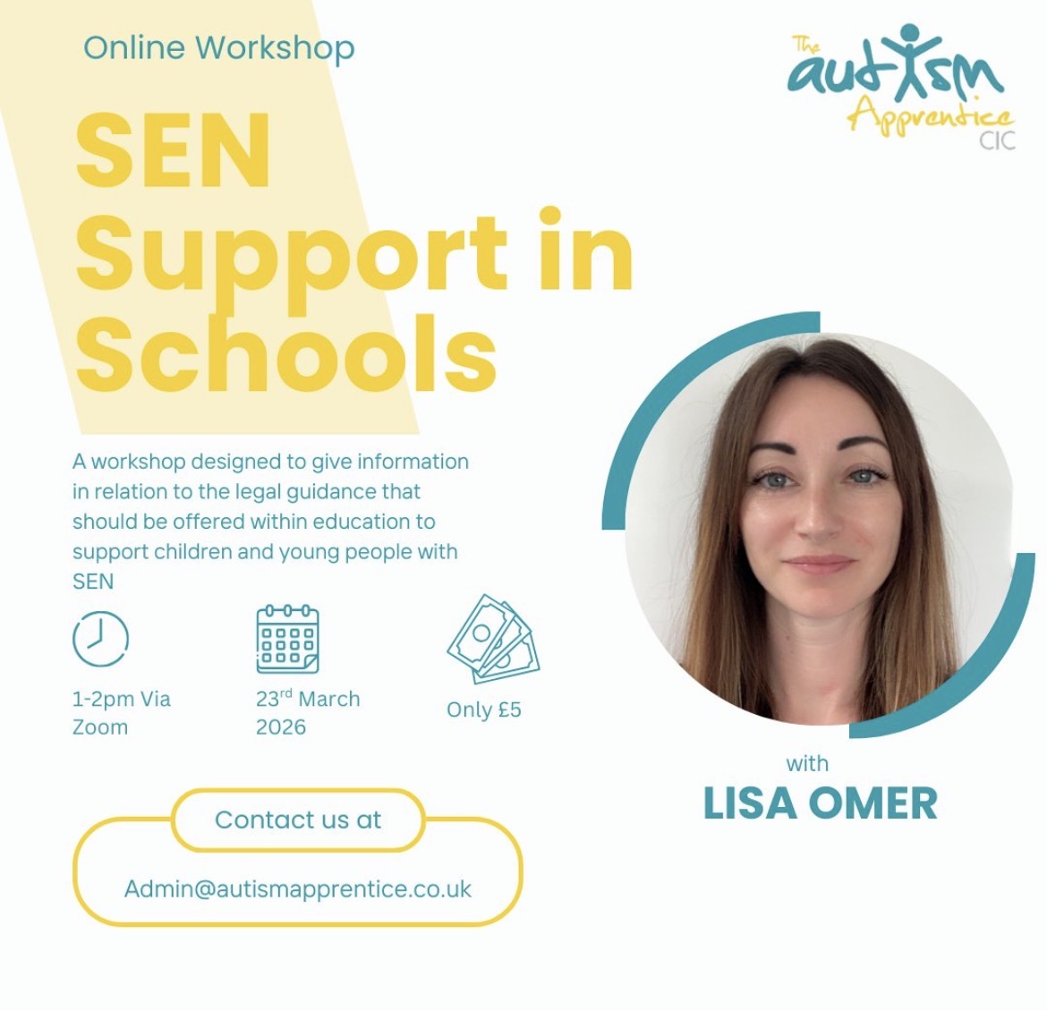 autismapprentice Do you want to learn your rights when it comes to SEN support in schools ?
Then please book a place at our virtual workshop presented by our own Lisa Omer,
Email us to book