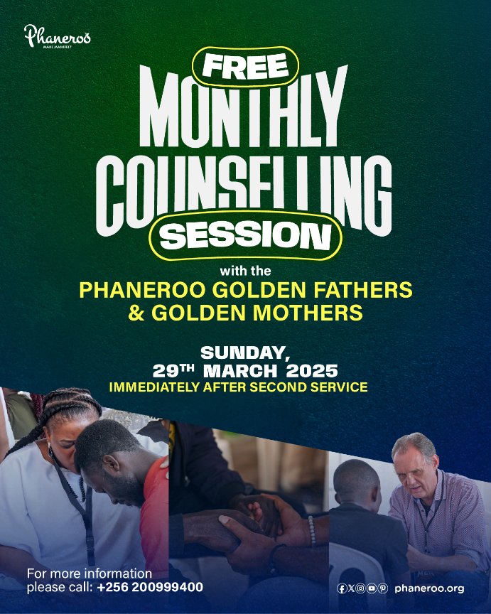 FREE MONTHLY COUNSELLING SESSIONS

📌Mark your Calendar for our next free counselling session with our Golden Mothers and Golden Fathers.

📅 Date: Sunday, 28th March 2026
🕑 Time: Immediately after second service

☎️For more inquiries, please reach out to us on: +256 200999400