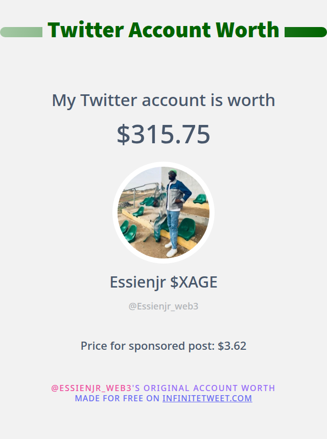 Essienjr_'s tweet photo. My Twitter worth is: $315.75

➡️ https://t.co/C3vfVIOjh8 https://t.co/04bVuvBSiP
