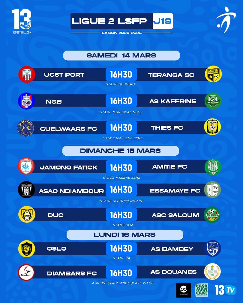13footballC's tweet image. Programme des 19es journée Ligue 1 &amp;amp; Ligue 2 🇸🇳

#13Football
#13TV
#LSFP