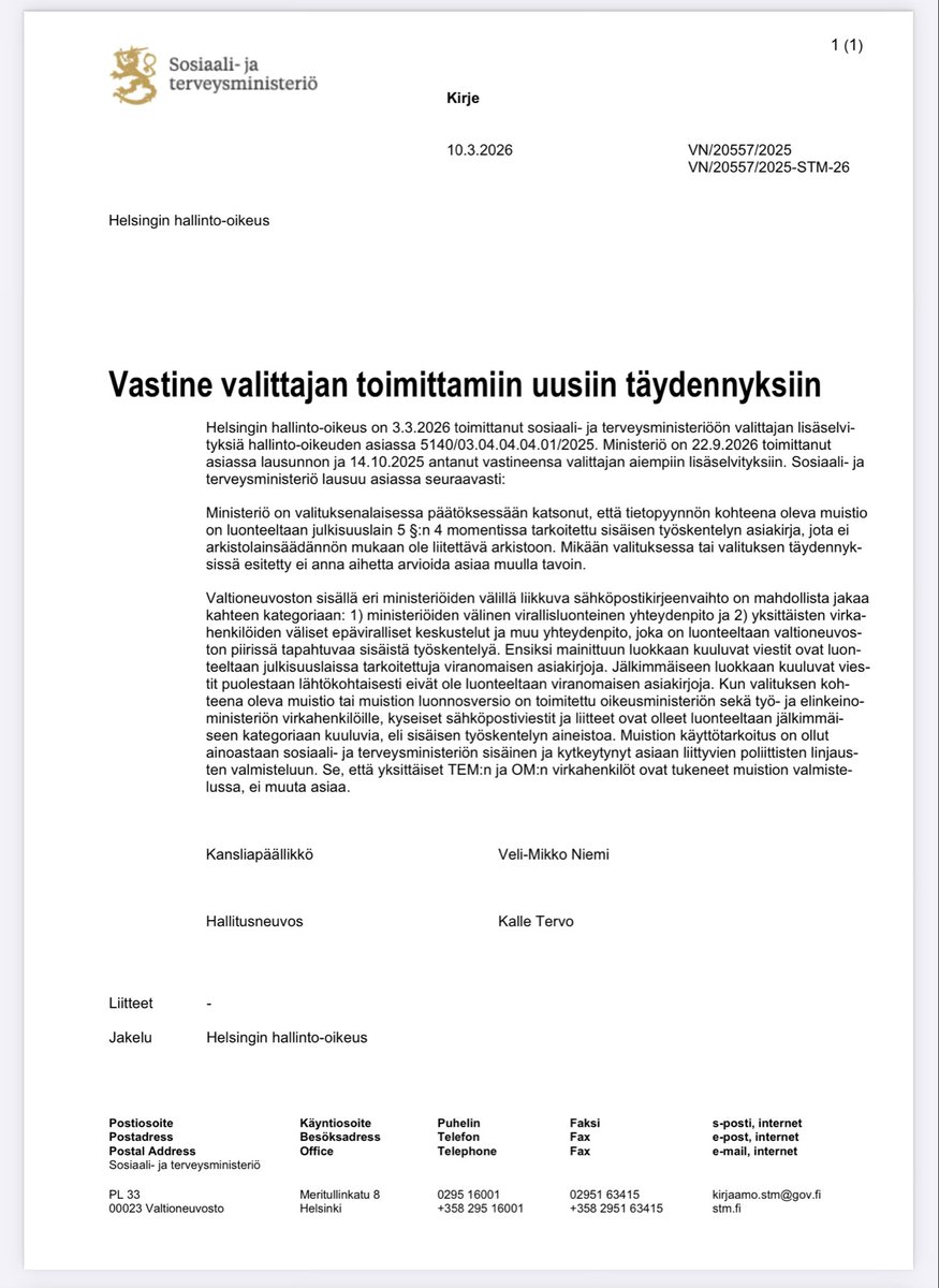 <a href="/vmn1005/">Veli-Mikko Niemi</a> <a href="/TEM_uutiset/">TEM</a> Kysyn vastaavasti <a href="/Jaatiti/">Timo Jaatinen</a> sinulta, puhuuko käsityksesi mukaan STM p💩 skaa tuomioistuimelle oikeudenkäynnissä tällä <a href="/vmn1005/">Veli-Mikko Niemi</a>’n allekirjoittamalla vastineella, jossa käytännössä tyrmätään Hjeltin ja Holmin lausuma TEM:n virkamiesten roolista?