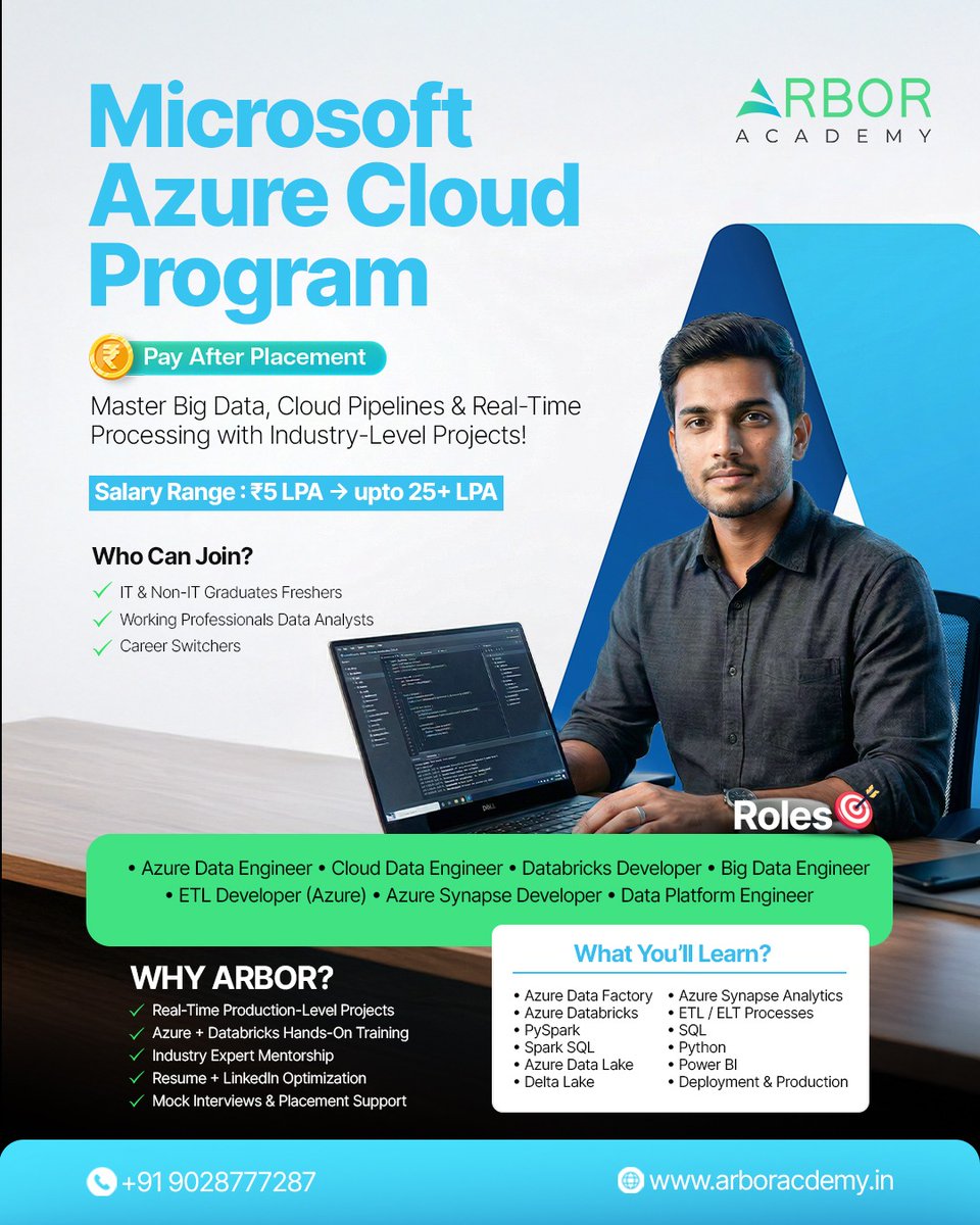 AcademyArbor's tweet photo. ☁️ Master Microsoft Azure Cloud &amp; Big Data – Become Job-Ready!

🚀 Learn Azure Data Factory, PySpark &amp; Synapse with real projects.

💰 Pay After Placement
✅ 100% Placement Assistance
📍   Baner, Pune
📞 +91 9028777287

#Azure #CloudComputing #DataEngineering #ArborAcademy https://t.co/yMxhWXIhnX