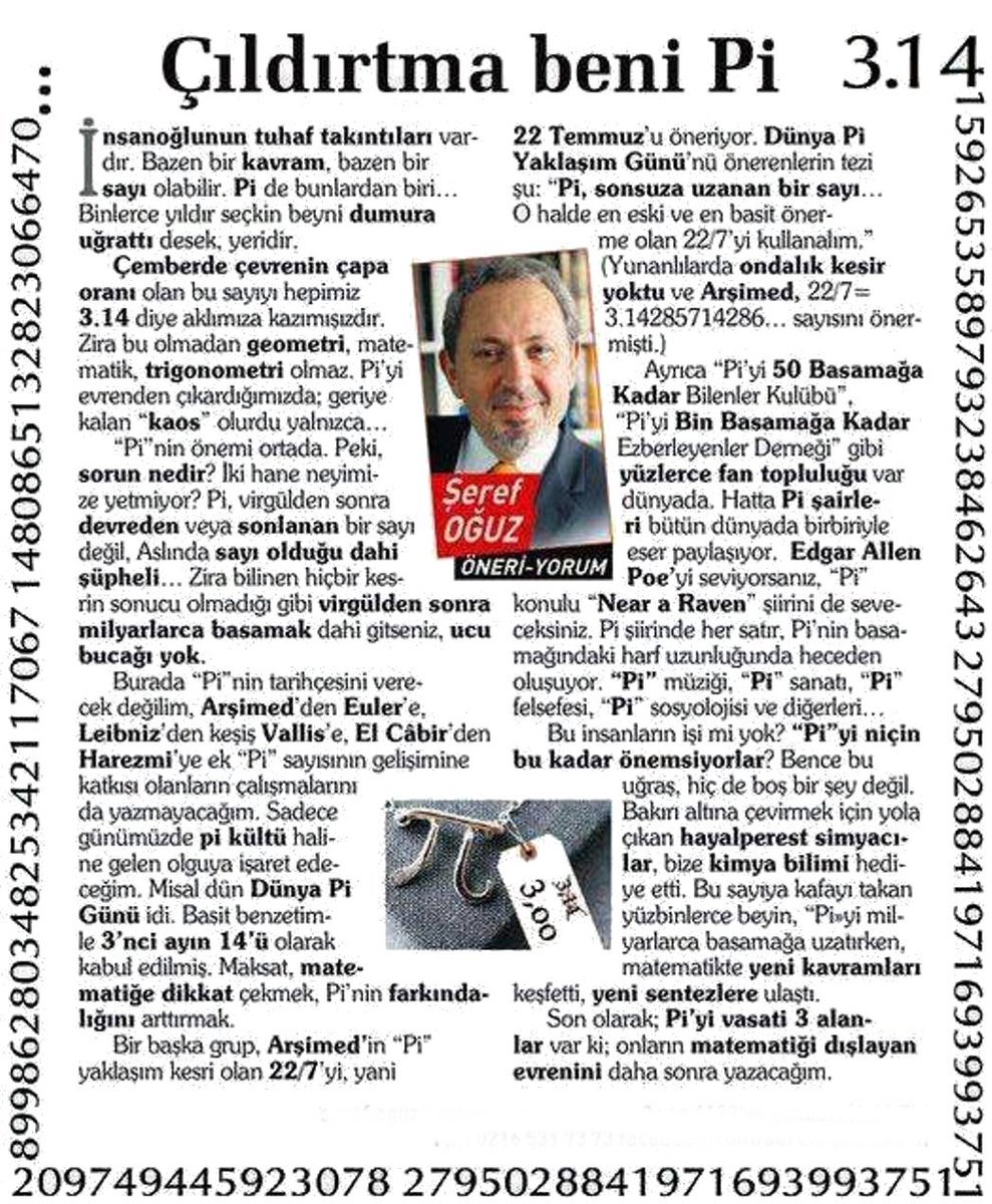 serefoguz's tweet photo. DÜNYA Pİ GÜNÜ
Dairede; çemberin çapa oranı, pi sayısıdır.
Sonsuza dek tekrarsız uzanır, aklınıza gelen her sayı dizisini barındırır. Arşimed 22/7 önermişti.
Modern zamanlarda 3.14 alıyoruz.
3'ncü ayın 14'üne de Pİ GÜNÜ diyoruz
#pi #matematik #cember #dair #cap #14Mart
@serefoguz