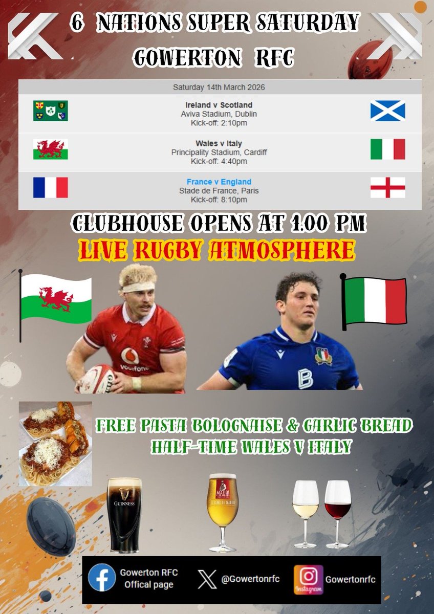 gowertonrfc's tweet photo. SUPER SATURDAY
GOWERTON RFC PRESENTS A DAY OF 6 NATIONS RUGBY WITH A FREE MEAL TO KEEP YOU GOING @AllWalesSport https://t.co/hW65y93EL2