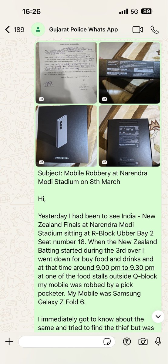 Neerav97's tweet photo. @sanghaviharsh despite of 4000+ personnel posted people visiting Gujarat for the match as well as Gujaratis who went to visit match were not safe and thousands of mobiles and other belongings were robbed from the venue and no action by @Gujarat Police has been taken. I thought Gujarat was a safe state but i am sadly mistaken.

Its a pity that @GujaratPolice is unable to first protect the residents as well as visitors by getting robbed and bigger pity is that they have not been able to take any action. Attached my complaint, email and whats app and no action and a long silence.