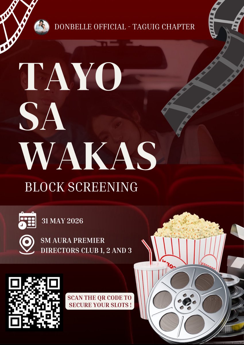 DonBelle Official - Taguig Chapter “Tayo Sa Wakas” Block Screening starring Belle Mariano and Donny Pangilinan.❤️🖤

Let’s experience the movie together, share the excitement, and show our love and support for Belle and Donny’s comeback on the big screen.

Scan the QR Code to