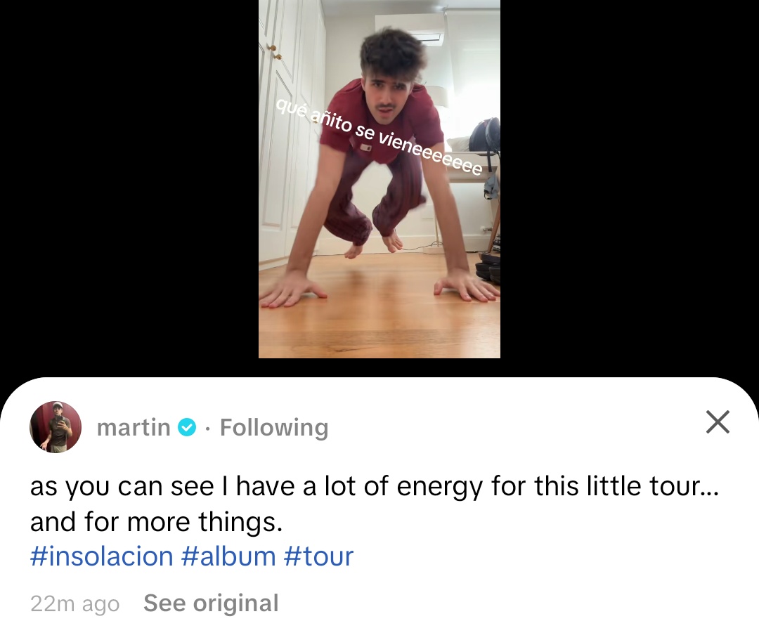 majosguide's tweet photo. 📲 | Martin via tiktok
"what a year aheadddd"
as you can see I have a lot of energy for this little tour... and for more things #insolacion #album #tour
🔗 https://t.co/1MNNnE0OzD https://t.co/yT4sCwcH3Q