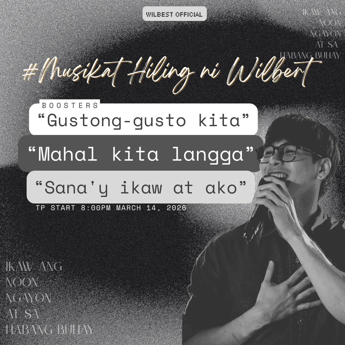 Your Saturday night soundtrack sorted! 🎶

As Wilbert Ross serenades the night with your favorite hugot anthems!  All in one magical evening ✨ 

Catch us at 8 PM for our TP Party.

Use our official Hashtag:
#MusikatHilingniWilbert

See you🎤🎶