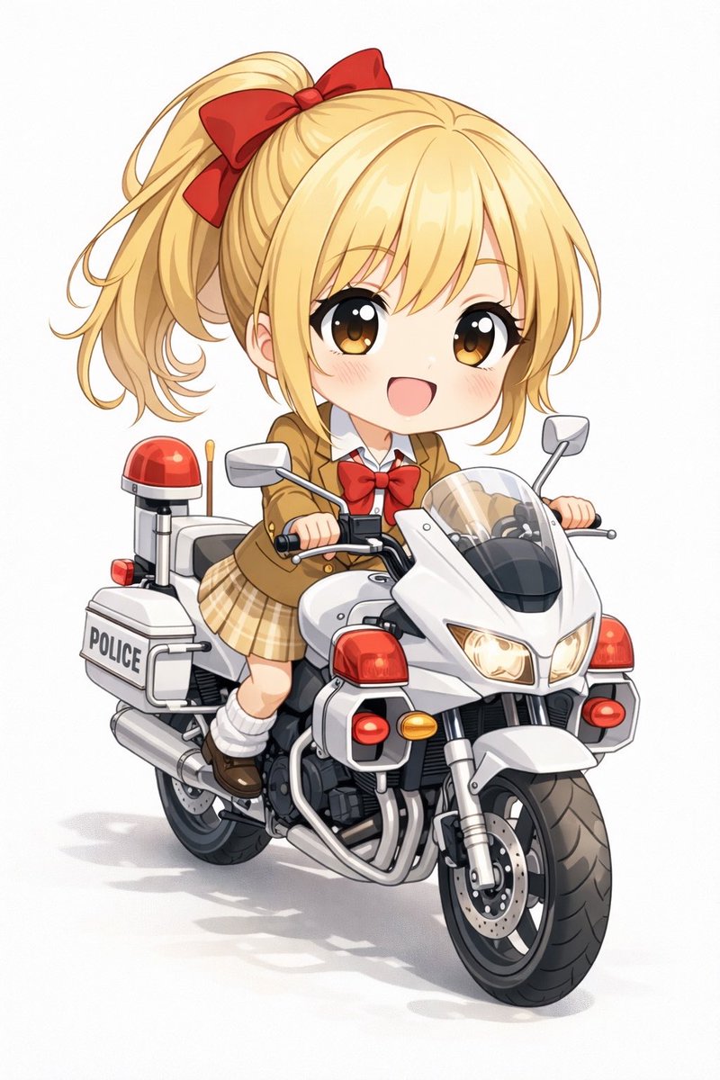 #AIイラスト 

今日は近所の公園で白バイ展示をやっていたので、二日酔いを押して行ってきました🏍️
白バイの重厚感すごいですね！
これを自由自在に操れたらカッコ良さそうです😊