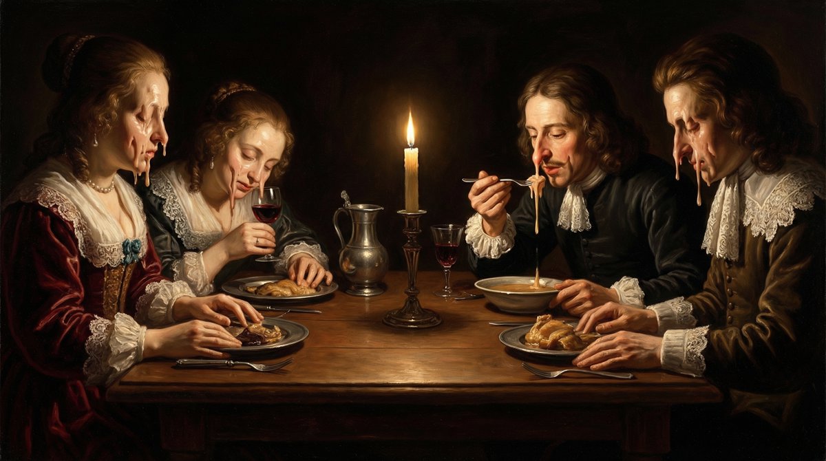 PromptSin's tweet photo. This 17th century dinner party took ‘keeping your composure’ way too far 😬🍷.
Tag who you’d bring to this chaotic feast right now!
#GenerativeAIArt #AIArtCreation #DarkAIArt https://t.co/ka0xVivFdR