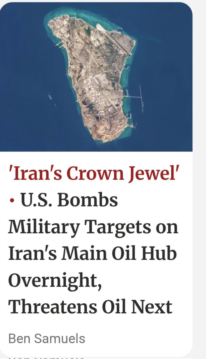 #Irán EEUU bombardea la isla de Jarg en el Golfo Pérsico desde donde Irán exporta 900 millones de barriles de petroleo al día y amenaza destruir toda la infraestructura si Irán mantiene el bloqueo de Ormuz. IRÁN RECHAZA.