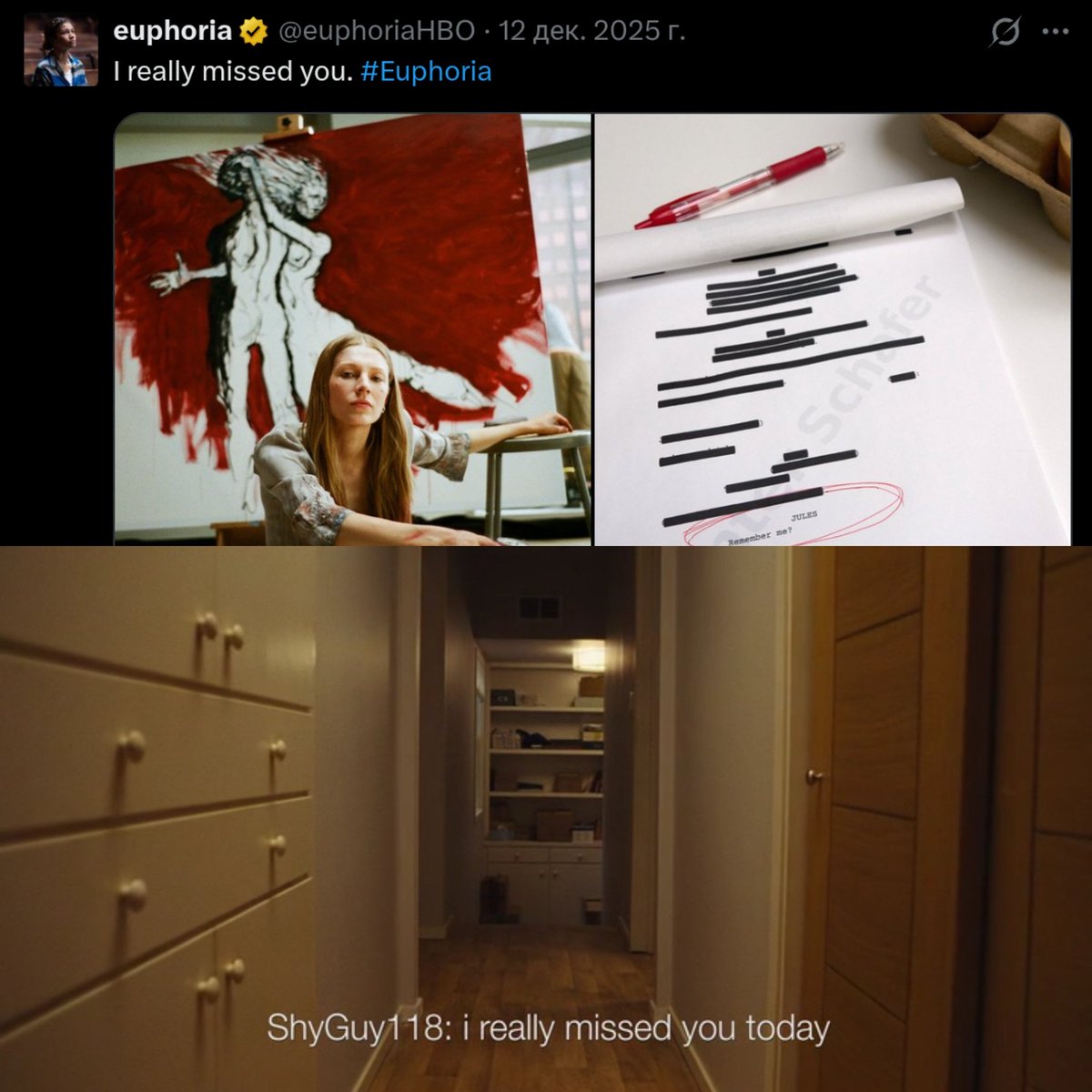 aleksk3010's tweet photo. Euphoria. The promo. It seems a little strange to me that people are trying to look for clues behind a black marker. Sam was very direct from the very beginning of the promotional campaign about what would be at the center. But people just didn't want to see it. https://t.co/Adk4Cy2Hco