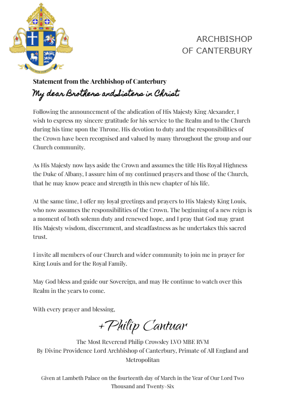 coferblx's tweet photo. Statement from the Archbishop of Canterbury on the Abdication of King Alexander and the Accession of King Louis https://t.co/iLtfSyTpzm