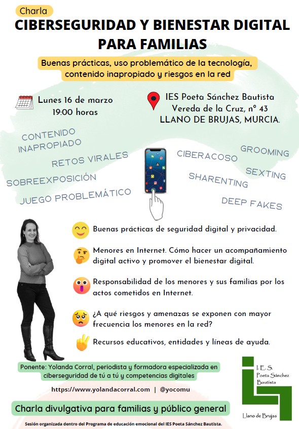 iespsb's tweet photo. Queremos recordarles e invitarles a la charla organizada por este centro con la prestigiosa ponente Yolanda Corral para ustedes (lunes 16 de marzo a las 19:00, salón de actos del instituto), en torno a todos los problemas de ciberseguridad que pueden afectar a sus hijas e hijos. https://t.co/ExeHGX3mVT