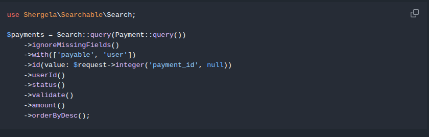 Shergela11's tweet photo. Check out laravel-searchable. It wraps your Eloquent queries so you can chain filters like a pro.  The best part? It auto-detects request values, handles validation, and keeps your controllers actually readable.  composer require shergela/laravel-searchable https://t.co/CRaw9hk3hA