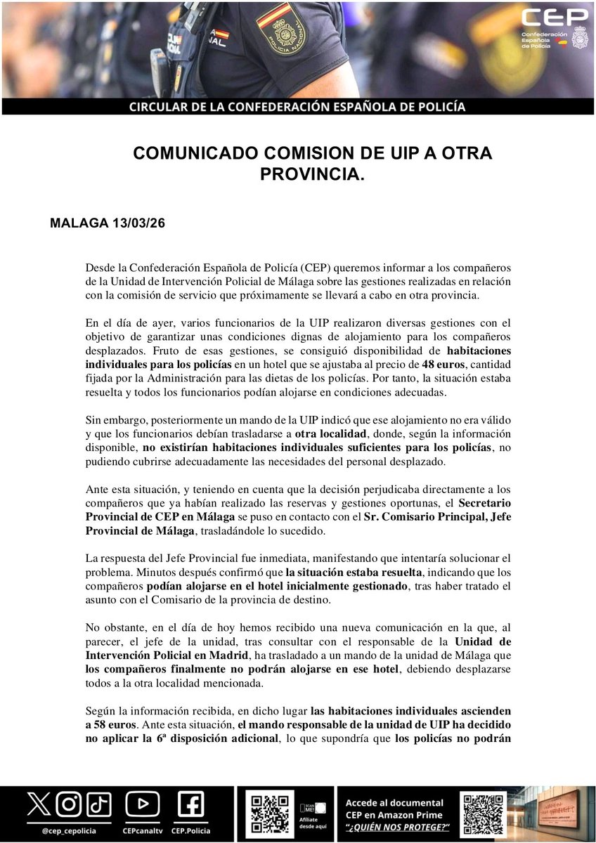 Cepoliciamalaga's tweet photo. Agradecemos la voluntad del Jefe Sup. de Granada y del Com. Prov. de Málaga por ayudar a los @policia de la #VUIP #Malaga 👏Pero el Jefe de #JUIP Madrid y el responsable de #UIP Málaga 👎siguen sin permitir que los 👮🏻♀️👮♂️ duerman en habitaciones individuales.⚖️
@cep_cepolicia😡 https://t.co/4830NeBIxj