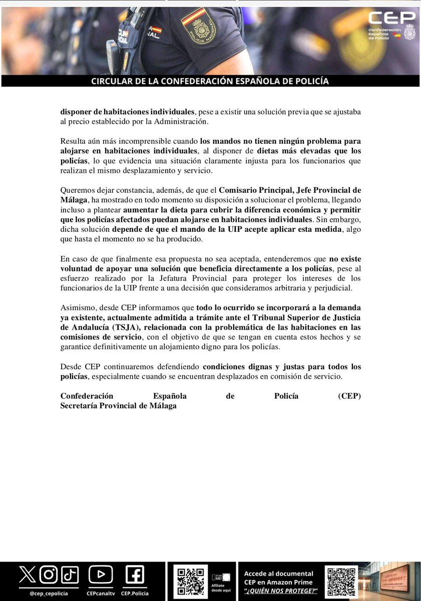 Cepoliciamalaga's tweet photo. Agradecemos la voluntad del Jefe Sup. de Granada y del Com. Prov. de Málaga por ayudar a los @policia de la #VUIP #Malaga 👏Pero el Jefe de #JUIP Madrid y el responsable de #UIP Málaga 👎siguen sin permitir que los 👮🏻♀️👮♂️ duerman en habitaciones individuales.⚖️
@cep_cepolicia😡 https://t.co/4830NeBIxj