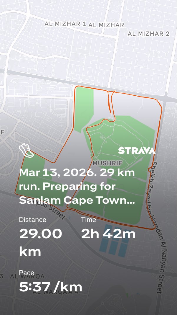 beshtawy's tweet photo. Mar 13, 2026. 29 km run. Preparing for Sanlam Cape Town Marathon, May 24, 2026. Dubai, UAE 🇦🇪 Check out my run on Strava. https://t.co/GN7gbgknK0 #UAE #Dubai #running #Asics #Metaspeed_Sky_Tokyo @googlephotos #garminラン https://t.co/GRlQLgrumN