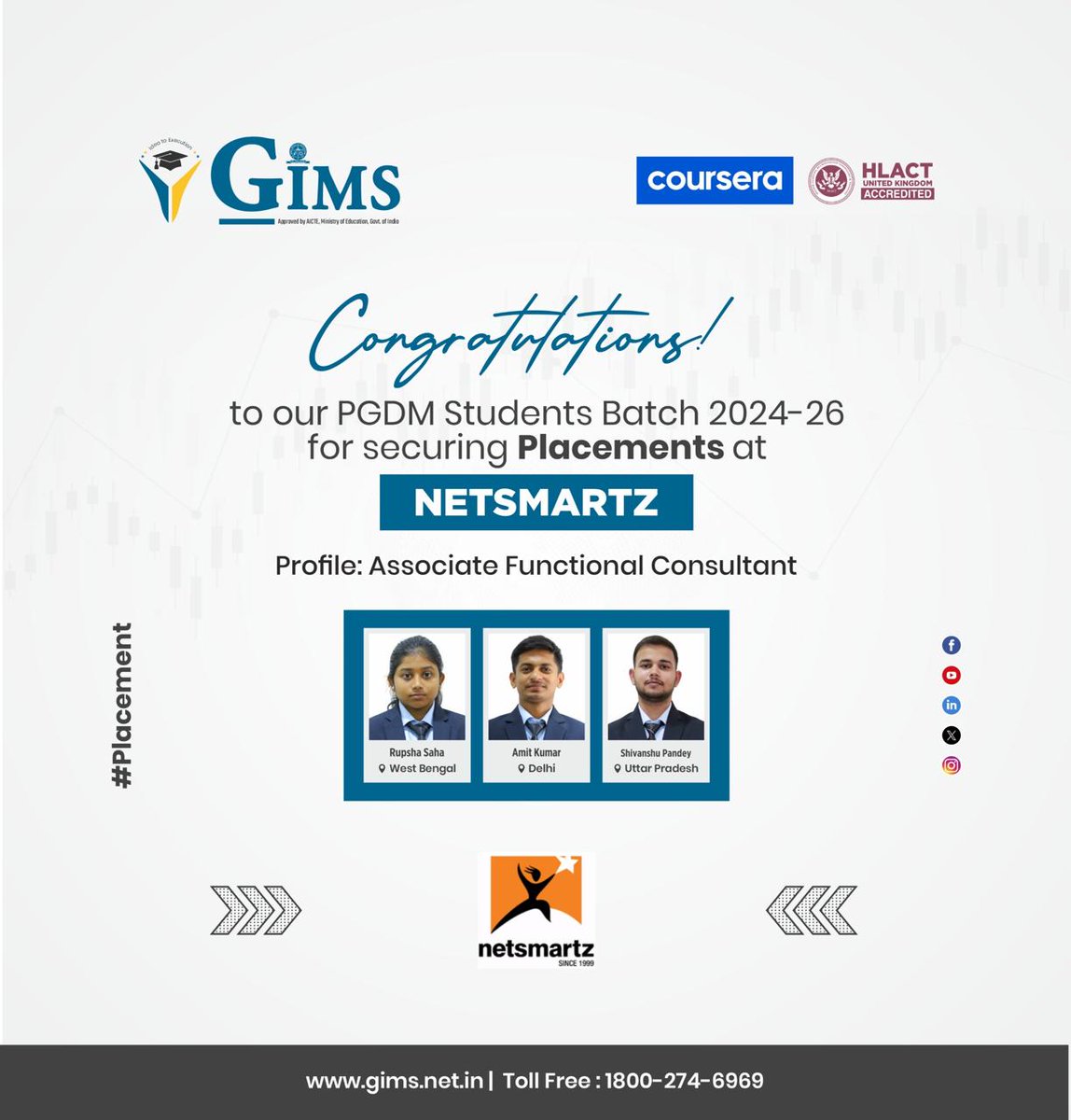 GNIOTCollege's tweet photo. GIMS congratulates a PGDM Batch 24 26 student on securing placement at Netsmartz reflecting dedication and industry readiness.
#GIMS #Placements #Netsmartz https://t.co/X6isvZZHoV