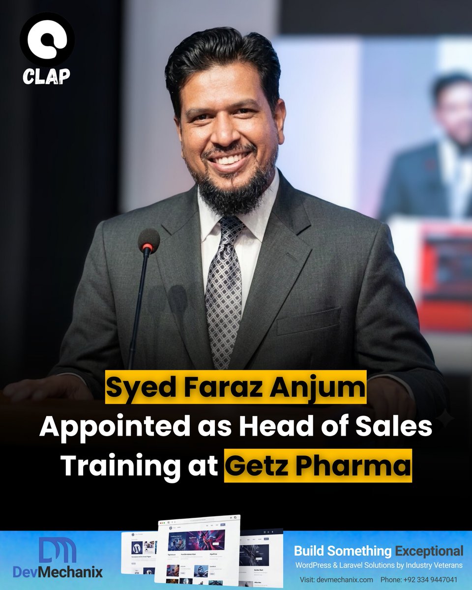 ClapPakistan's tweet image. Syed Faraz Anjum appointed Head of Sales Training at @GetzPharmaIntl, bringing 25 years of sales leadership and training expertise to strengthen field force capability. 

#SalesLeadership #CorporateTraining #LeadershipDevelopment