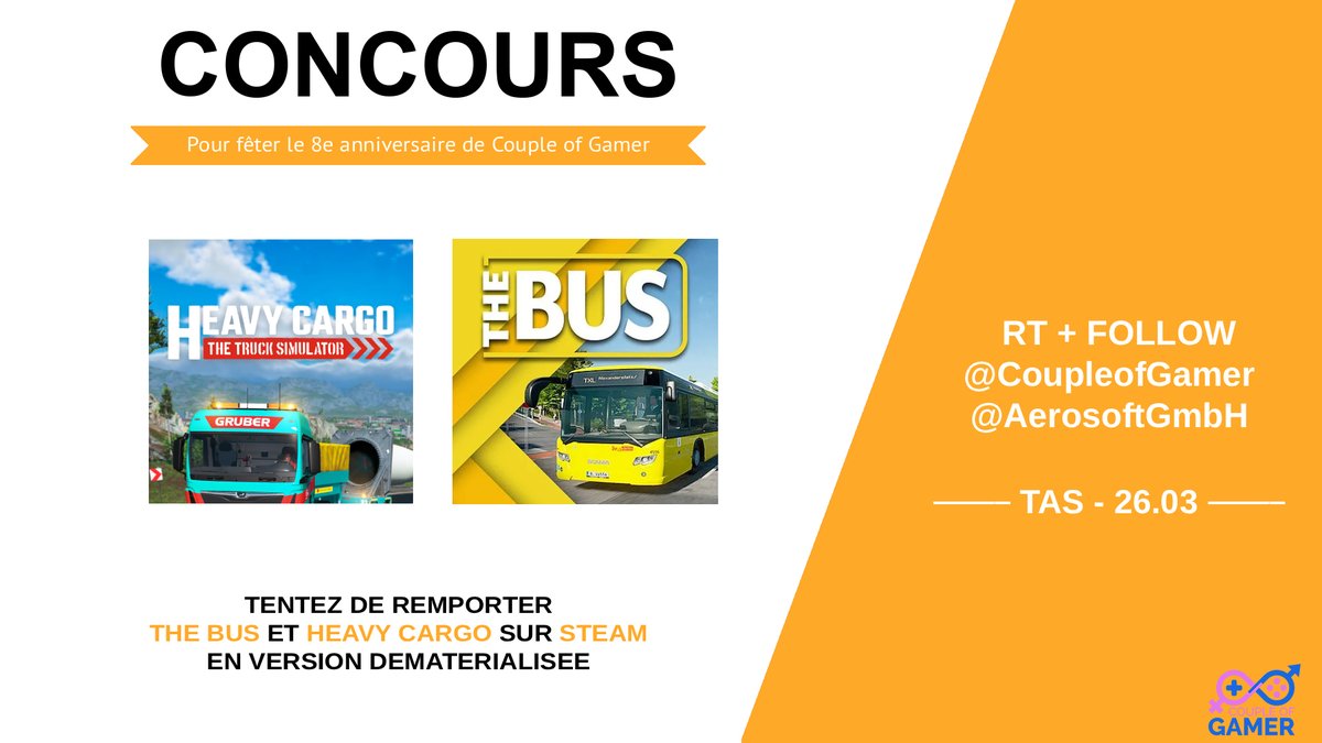 On continue les #Concours pour le 8e anniversaire du site 

Cette fois-ci, on vous fait gagner des clés #Steam (5 gagnants) de Heavy Cargo et The Bus

RT + Follow

<a href="/CoupleOfGamer/">Couple of Gamer</a>
<a href="/AerosoftGmbH/">Aerosoft</a> 

TAS le 26/03

Bonne chance à tous🍀