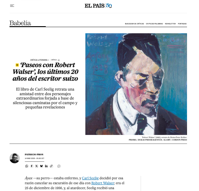 En Babelia, hoy, escribo sobre Robert Walser y su extraña amistad con Carl Seelig, sus paseos —vía Siruela— y dos de las personalidades más enigmáticas de la literatura europea del siglo XX: shorturl.at/41wfA.
