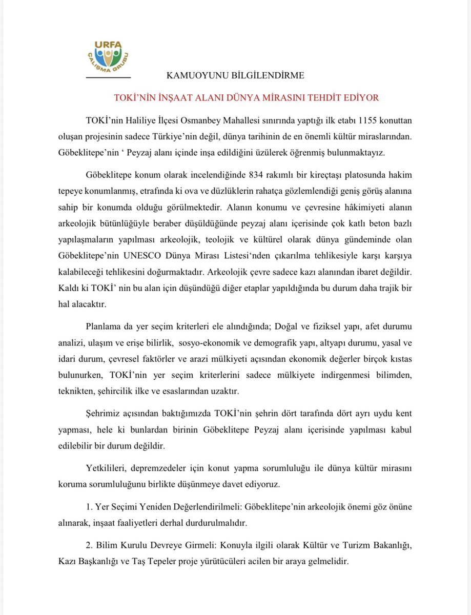 Urfacalismagrub's tweet photo. Göbeklitepe’nin peyzaj alanında yapılan TOKİ konut projesinin, dünya kültür mirası açısından yeniden değerlendirilmesi gerektiğini düşünüyoruz. Bilim insanları ve ilgili kurumların süreci birlikte ele alması büyük önem taşımaktadır. Göbeklitepe insanlığın ortak mirasıdır. https://t.co/cxu8An0LQd