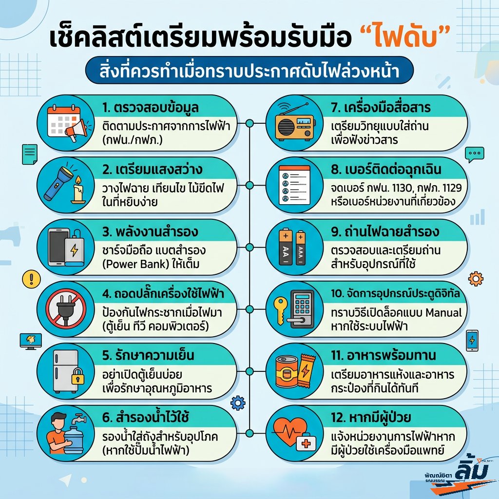 [📢 ประกาศ "ดับไฟ" ]

พรุ่งนี้ (15 มี.ค. 69)
เวลา 8.30 - 14.00 น.
จะมีการดับไฟ โดยการไฟฟ้านครหลวง MEA
📍สถานที่: ซอยเพชรเกษม 48 แยก 4-1, 4-3, 4-5, 6, 7, 8
.
อย่าลืมเตรียมตัวกันด้วยนะคะ
ทั้งนี้ ลิ้มทำเช็คลิสต์ คู่มือเตรียมพร้อมรับมือมาฝากด้วยค่ะ