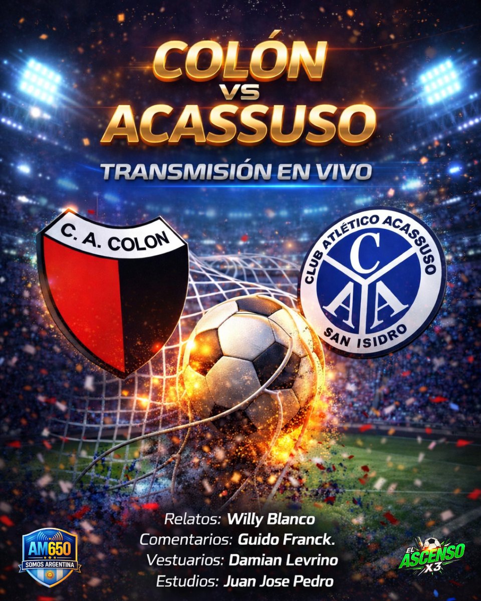 🗓️ HOY SÁBADO
⏰ 20 HS

⚽️COLON 🆚 ACASSUSO

📻 Escuchalo x AM 650 <a href="/am650somosarg/">AM650 Somos Argentina</a> 
📺 Miranos acá 👇
🔗youtube.com/@am650somosarg…

🎙️ Relata: <a href="/Willyblancomil/">Willy Blanco</a> 
🗣️ Comenta: <a href="/GuidoFranck/">Guido Franck</a> 
📱 Vestuarios:  <a href="/LevrinoDamian/">Damián Levrino</a>
💻 Estudios: Juan José Pedró
🎤 Locución:  Nico Godoy
