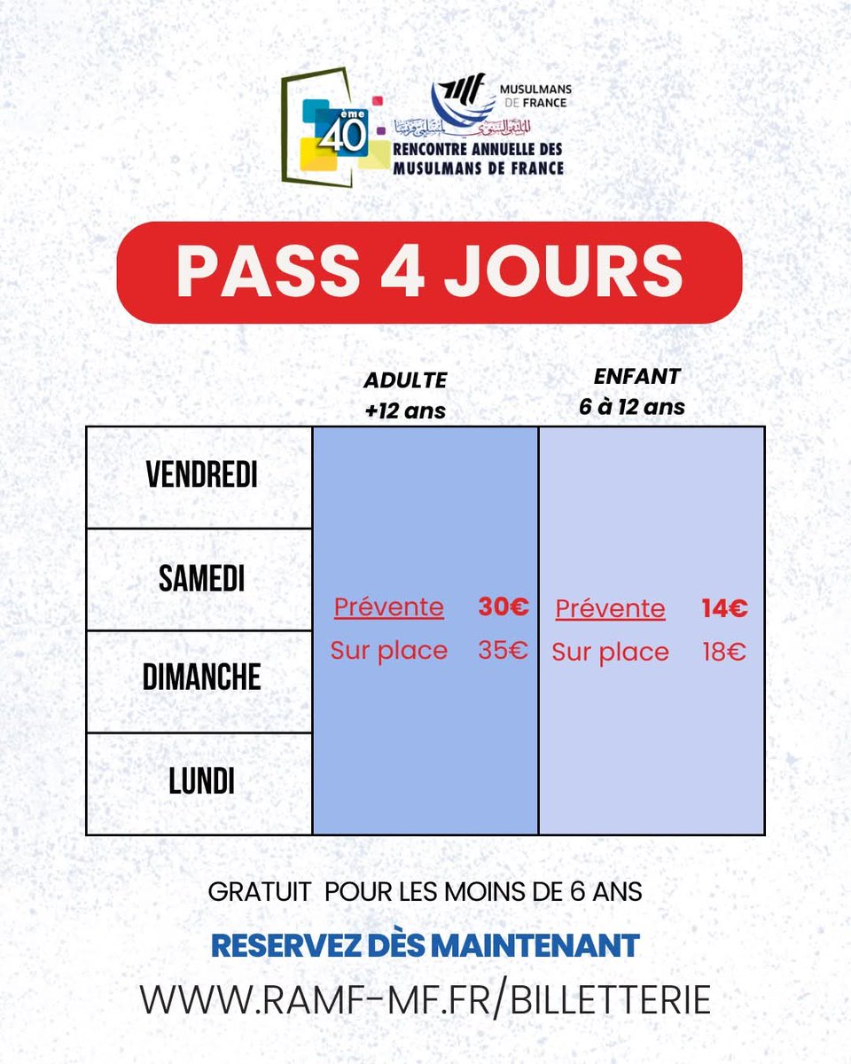 MF_Musulmans's tweet photo. 📣 Billetterie de la 40e RAMF ouverte
📅 Du 3 au 6 avril
💚 Le Pass 4 jours est disponible pour vivre l’événement du vendredi au lundi.
🎫 Prévente
Vendredi : 10€ / 5€
Sam-Dim-Lun : 12€ / 6€
Pass 4 jours : 30€ / 14€
Gratuit -6 ans
🔗 https://t.co/9NHt6ZcKgL
#RAMF40 https://t.co/GbowOinl3f