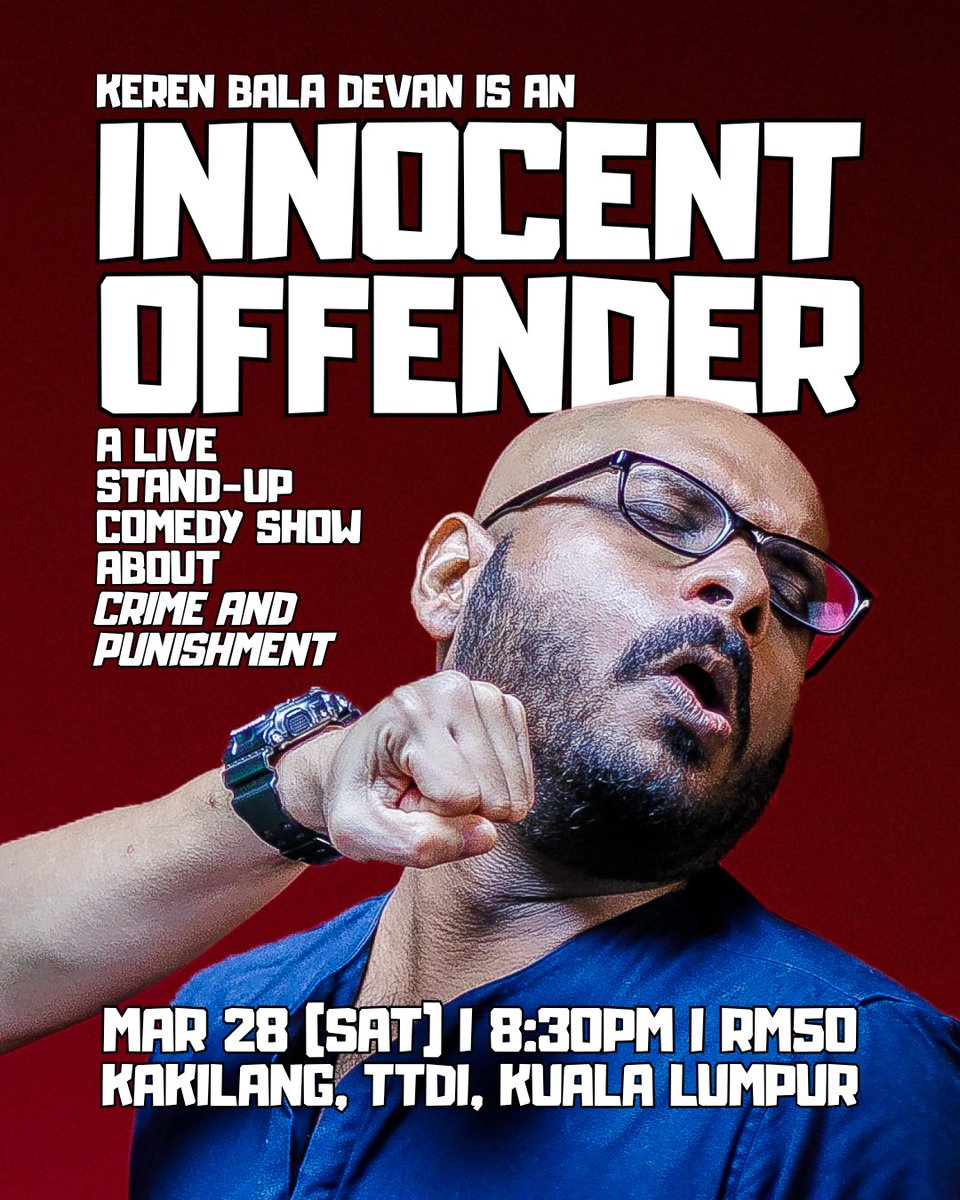 When a comedian gets into trouble they makes jokes about it and ohh boy does <a href="/KerenBDT/">Keren 'TurboHawk' Bala Devan</a> have one silly enough for a headline set! This Mar 28th, 8:30pm at Kakilang TTDI, everyone is welcome to Keren's confession in INNOCENT OFFENDER. Book tickets now at forms.gle/fWHqMrsk52CPHr…