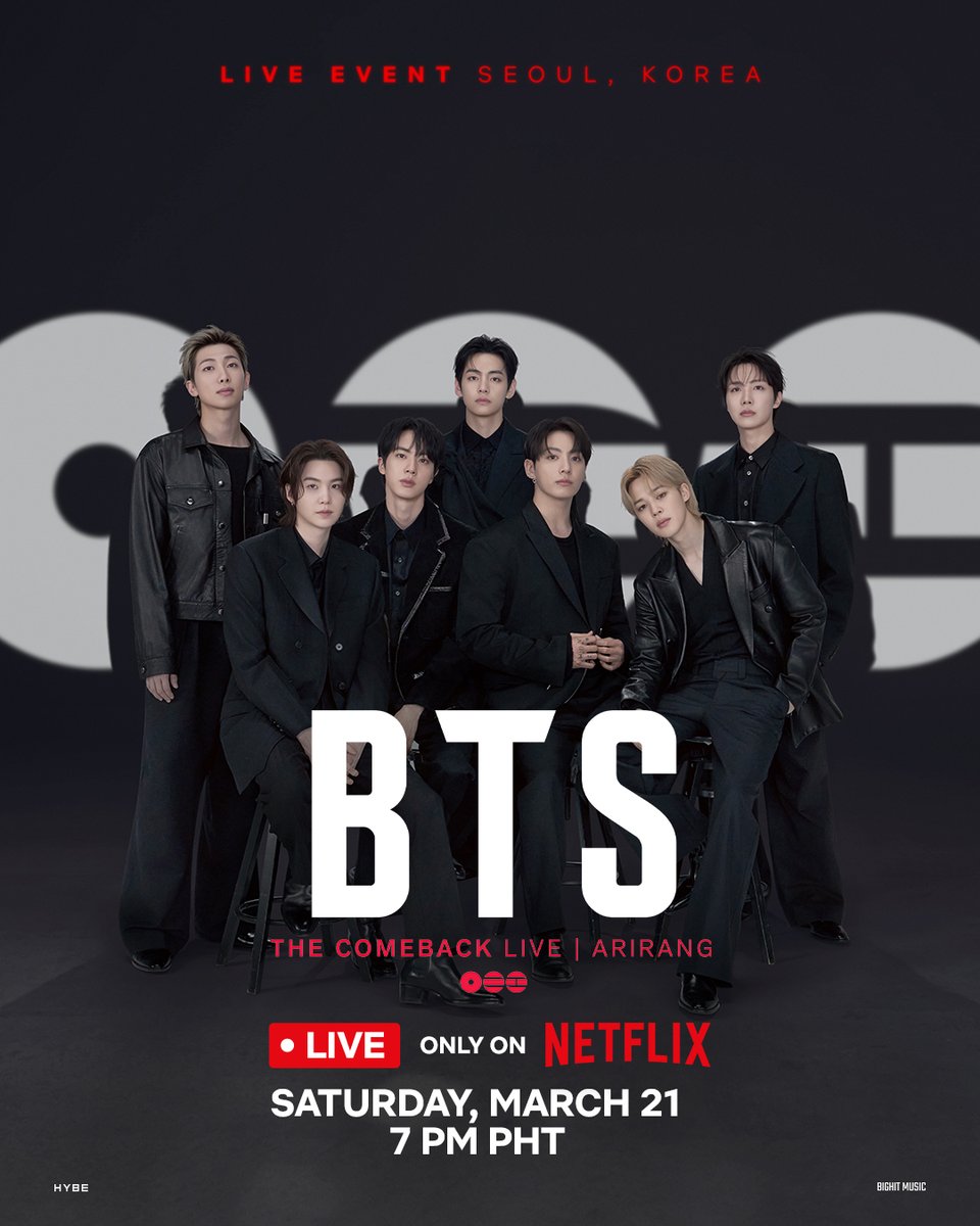In 6 days, we will all be tuned in. BTS THE COMEBACK LIVE | ARIRANG. March 21 7PM PHT. LIVE worldwide exclusively on Netflix. 

#BTSLiveonNetflix #BTS_ARIRANG #BTS #방탄소년단