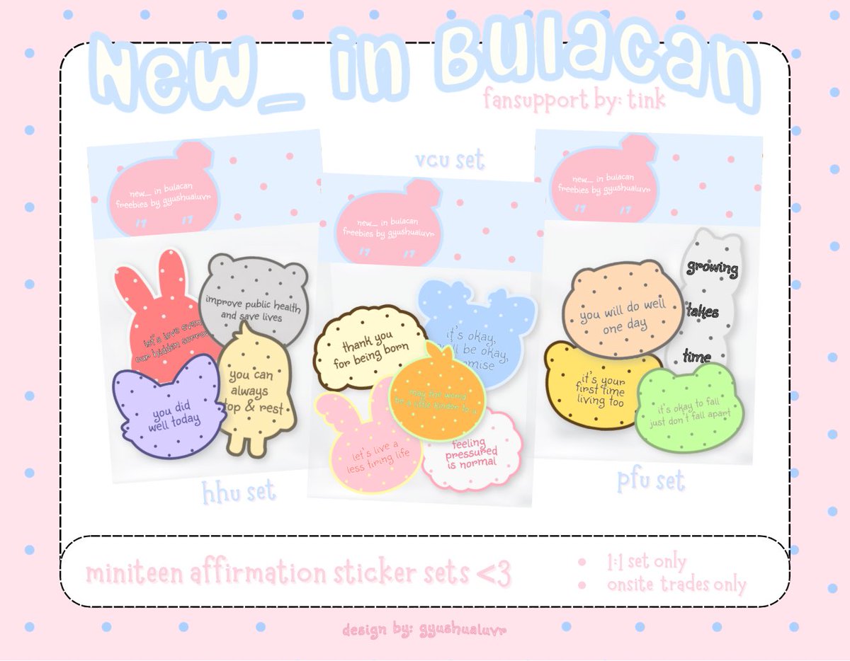 𑣲 miniteen affirmation sticker sets 🫧⋆｡˚

౨ৎ svt new_ in bulacan 
fan support by: <a href="/gyushualuvr/">tink | dk bday kit 📌</a> 

𖦹 1:1 set
𖦹 mbf, like &amp; rt 
𖦹 strictly for ot13 fans only
𖦹 limited trades only

see yew, caratdeuls! ✧˚ ༘ ⋆

#NEW_BULACAN
#SEVENTEEN_NEW_IN_BULACAN