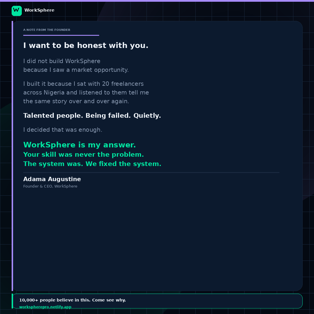 themediapostle's tweet image. applied for 50 jobs this month.
heard back from 2.
One ghosted me. The other said I was overqualified.
And my documents got rejected again.
sound familiar?
That conversation ends with WorkSphere.
workspherepro.netlify.app
#WorkSphere #FreelanceAfrica #tech #startup #freelance #ai