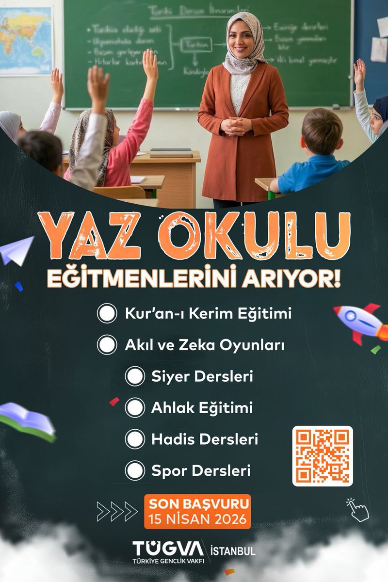 TugvaFatih's tweet photo. 📣 Yaz Okulu için eğitmenlerimizi arıyoruz!
Kur’an-ı Kerim, siyer, akıl-zeka oyunları ve spor etkinliklerinde gençlerle buluşacak eğitmenlerimizi bekliyoruz.

Sen de bu yolculuğun parçası olmak istiyorsan başvurunu yap!

🗓 Son Başvuru: 15 Nisan 2026 https://t.co/um6xKzsSCn